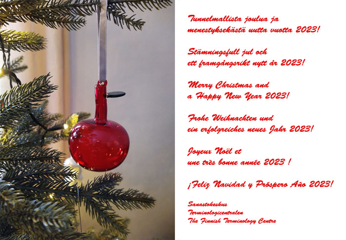 Christmas greeting picturing a glass Christmas ball hanging on a Christmas tree